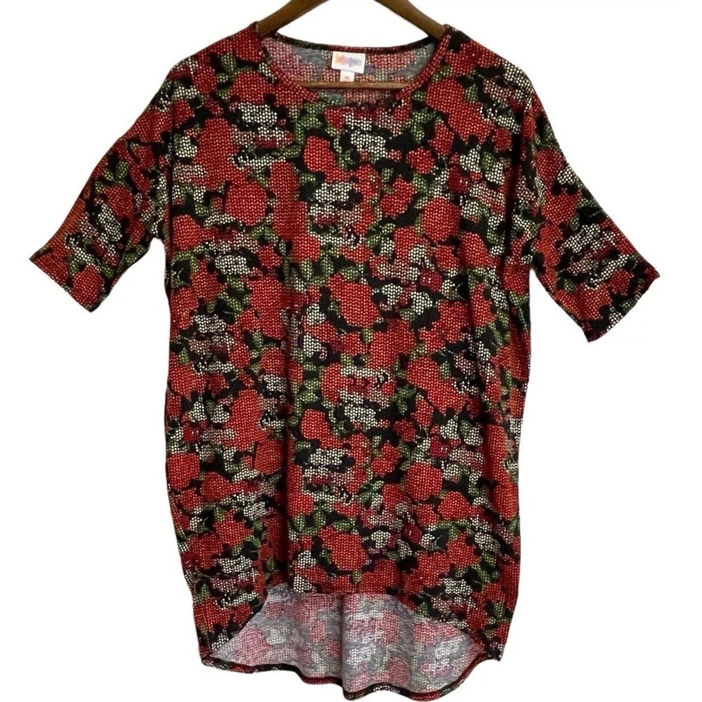 LuLaRoe Irma Tunic Womens XS Red Green Disney Mickey Mouse Star Print